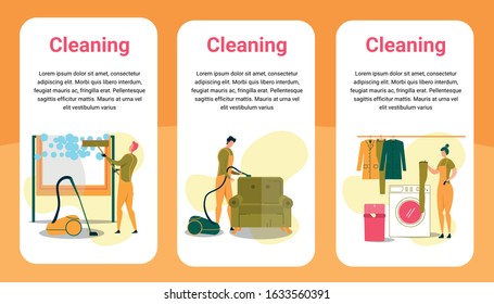 Cleaning Service Flat Flyers or Posters Vector Illustration. Man Cleaning Windows, Vacuuming Armchair, Tidying up from Dust. Woman Sorting Laudary, Washing Machine with Clothing. Workers.