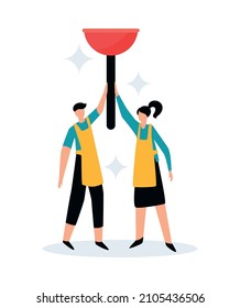 Cleaning service flat icon with two workers in uniform holding plunger vector illustration