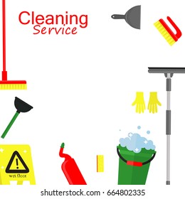 Cleaning service flat illustration. Caution wet floor sign, bucket, mop, sponge, brush, detergent product. Place for text 