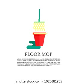 Cleaning service flat illustration. Creative modern web banner. Plastic red bucket and mop. Vector illustration