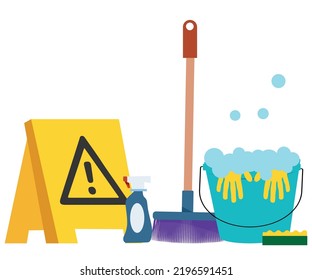 Cleaning service flat illustration. Creative modern web banner. Caution wet floor sign, plastic blue bucket, mop, sponge, brush, detergent product, glass cleaner. Vector illustration.