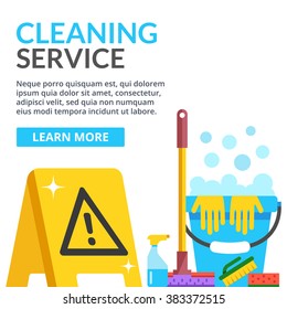 Ilustración plana del servicio de limpieza. Banner web moderno creativo. Precaución por la señal del suelo húmedo, cubo azul de plástico, mop, esponja, cepillo, producto detergente, limpiador de vidrio. Ilustración del vector