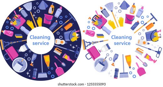 Cleaning service flat illustration. House cleaning services with various cleaning tools in a circle. Blue and white isolated option. Vector illustration