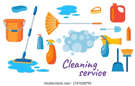 Cleaning service flat illustration. Cleaning items isolated on white. Plastic blue bucket, mop, sponge, brush, detergent product, glass cleaner