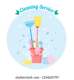 Cleaning service flat illustration. Poster template for house and office cleaning services with cleaning tools and supplies 