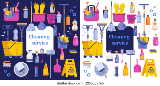 Cleaning service flat illustration. Poster template for house cleaning services with various cleaning tools. Caution wet floor sign, bucket, mop, sponge, brush, detergent product. Vector illustration