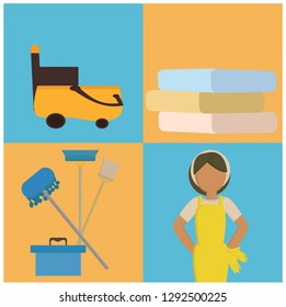Cleaning service flat illustration. Poster template for house cleaning services with various cleaning tools. mop, brush, detergent product. Vector illustration