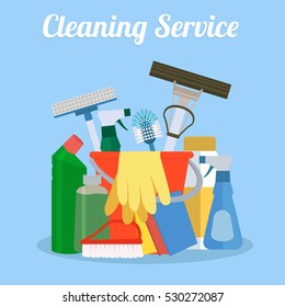 Cleaning service flat illustration. Poster template for house cleaning services with various cleaning tools