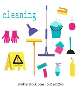 Cleaning service flat illustration. Poster template for house cleaning services with various cleaning tools. Caution wet floor sign, bucket, mop, sponge, brush, detergent product. Vector illustration