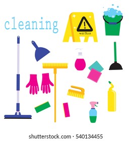 Cleaning service flat illustration. Poster template for house cleaning services with various cleaning tools. Caution wet floor sign, bucket, mop, sponge, brush, detergent product. Vector illustration