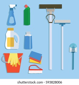 Cleaning service flat illustration. Poster template for house cleaning services with various cleaning tools.