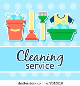Cleaning service flat illustration. Poster template for house cleaning services with various cleaning tools.