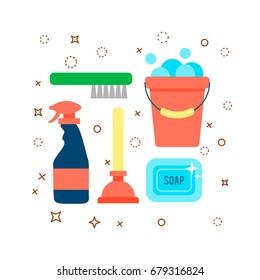 Cleaning service flat illustration. Poster template for house cleaning services with various cleaning tools.