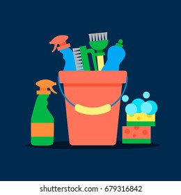 Cleaning service flat illustration. Poster template for house cleaning services with various cleaning tools.