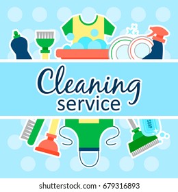 Cleaning service flat illustration. Poster template for house cleaning services with various cleaning tools.