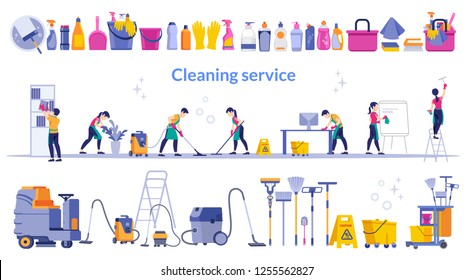 Cleaning service flat illustration. Team of cleaning service working at office and a large set cleaning tool.