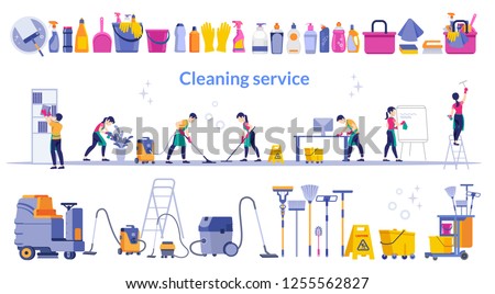 Cleaning service flat illustration. Team of cleaning service working at office and a large set cleaning tool.