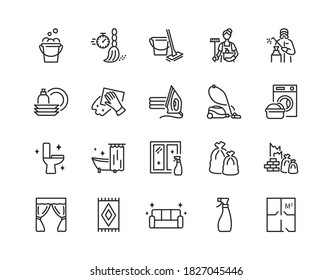 Cleaning service flat line icons set. Vector illustration sections of cleaning company services. Editable strokes