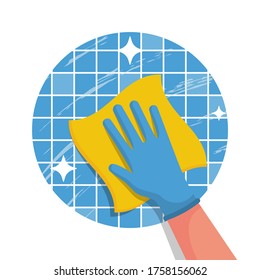 Cleaning service flat logo icon. Hand in glove with a rag. Cleanliness and shine. Hygiene and disinfection. Housekeeping concept. Work at home. Vector illustration flat design.