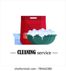 Cleaning service. Flat plastic basin with soap foam, powder and beaker isolated on white background. Washbowl with suds, household cleaning equipment for washing vector illustration