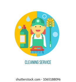 Cleaning service. Flat vector illustration, emblem. Professional cleaning of premises. Set of vector cliparts isolated on white background. Cleaning lady, cleaner, toilet brush.