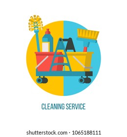 Cleaning service. Flat vector illustration. Professional cleaning of premises. Trolley with cleaning supplies.