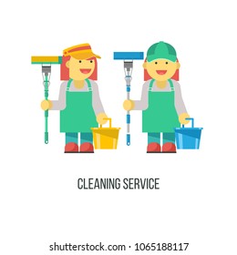Cleaning service. Flat vector illustration. Professional cleaning of premises. Cleaning lady with MOP and bucket in hand.