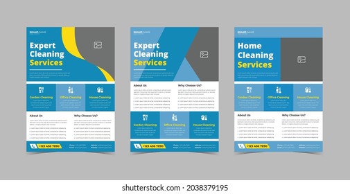 Cleaning service flyer design bundle. housekeeping service poster leaflet bundle. Flyer design 3 in 1 template bundle