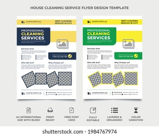 cleaning service flyer design, two color variation available, five images can be placed in the template. vector eps 10, a4 size template, corporate cleaning service flyer design. smart, professional