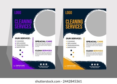 Plantilla de volante de servicio de limpieza, volante de servicios de limpieza profesional, plantilla de diseño de póster de desinfección, volante de servicios de limpieza de alfombras. Cubierta, tamaño A4, diseño del volante