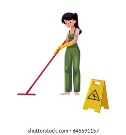 Cleaning service girl, charwoman, cleaner in overalls holding mop, cartoon vector illustration isolated on white background. girl washes the floor with a MOP next to a warning sign, slippery floor