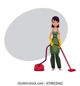 Cleaning service girl, charwoman in overalls standing with vacuum cleaner, cartoon vector illustration with space for text. Cleaning service girl wearing uniform, using vacuum cleaner