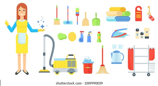 Cleaning service. Girl in uniform, clean tools. Vacuum cleaner and ladder, mop and bucket. Flat vector cartoon illustration. Objects isolated on white background.