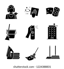 Cleaning service glyph icons set. Maid, napkin, sponge, broom and bucket, air freshener, ironing, offices cleaning, scoop, brush, mop. Silhouette symbols. Vector isolated illustration