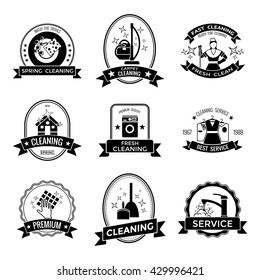 Cleaning service graphic emblems with broom tap machine house staff clothes rag dishes stars isolated vector illustration 