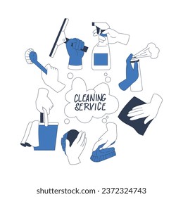 Cleaning Service with Hand Hold Cleanup Supplies Vector Illustration
