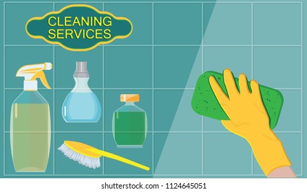 Cleaning service - A hand in a rubber glove sponge washes the tiled wall - bottles of cleaning products - art vector