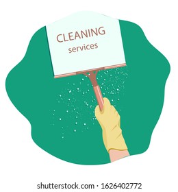 Cleaning service - a hand in a rubber glove holds a scraper for washing windows - abstract icon - vector.