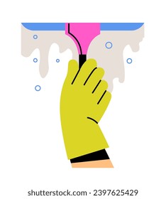 Cleaning service and help with chores, keeping house or office clean. Isolated hand wearing rubber glove wiping surface of window with silicone glass wiper and detergent. Vector in flat style