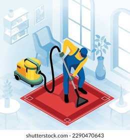 Cleaning service in home interior isometric composition with male character in uniform vacuuming carpet 3d vector illustration