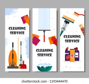 Cleaning service horizontal banners. Set house cleaning tools, detergent and disinfectant products, household equipment for washing - flat vector illustration