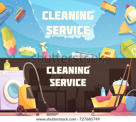 Cleaning service horizontal banners with set of cleaning agents tools and devices flat vector illustration 