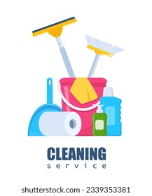 Cleaning service and household supplies. Design concept for web banner, infographic, poster. Detergent and disinfectant products with bucket, mop, detergent. Vector illustration