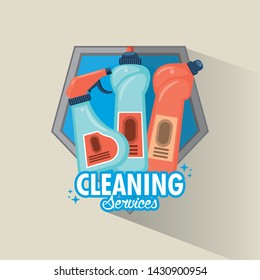 Cleaning service and housekeeping with products emblem on gray background vector illustration