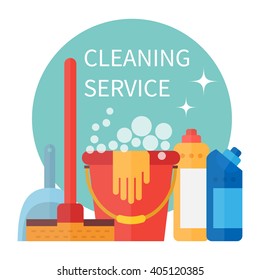 Cleaning service. Housekeeping tools. Vector illustration