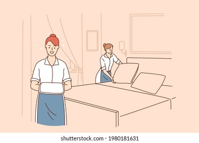 Cleaning service and housewife concept. Young smiling women cartoon characters working as housemaid making bed and cleaning hotels and apartments vector illustration 