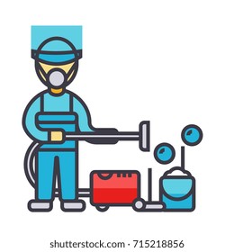 Cleaning service, houskeeping man, cleaner with vacuum cleaner flat line illustration, concept vector isolated icon 