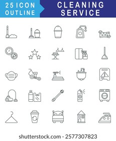 Cleaning Service icon set collection. Consist of Broom, Mop, Bucket, Cleaning soap, Vacuum cleaner, Working hours. Simple vector outline illustration.