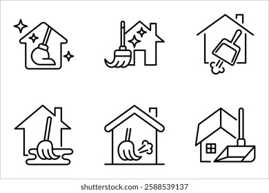 cleaning service icon set, design with house and broom, vector illustration on white background