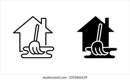 cleaning service icon set, design with house and broom, vector illustration on white background